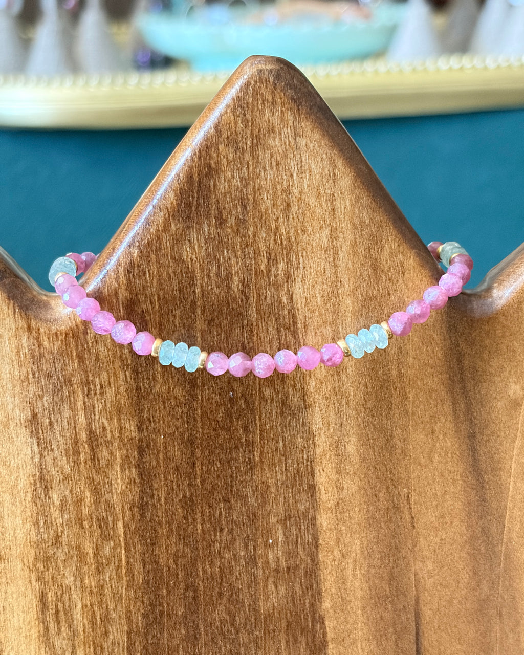 Rose Garden | Beaded Gemstone Bracelet | Pink Tourmaline & Green Strawberry Quartz | 14k Gold-Filled