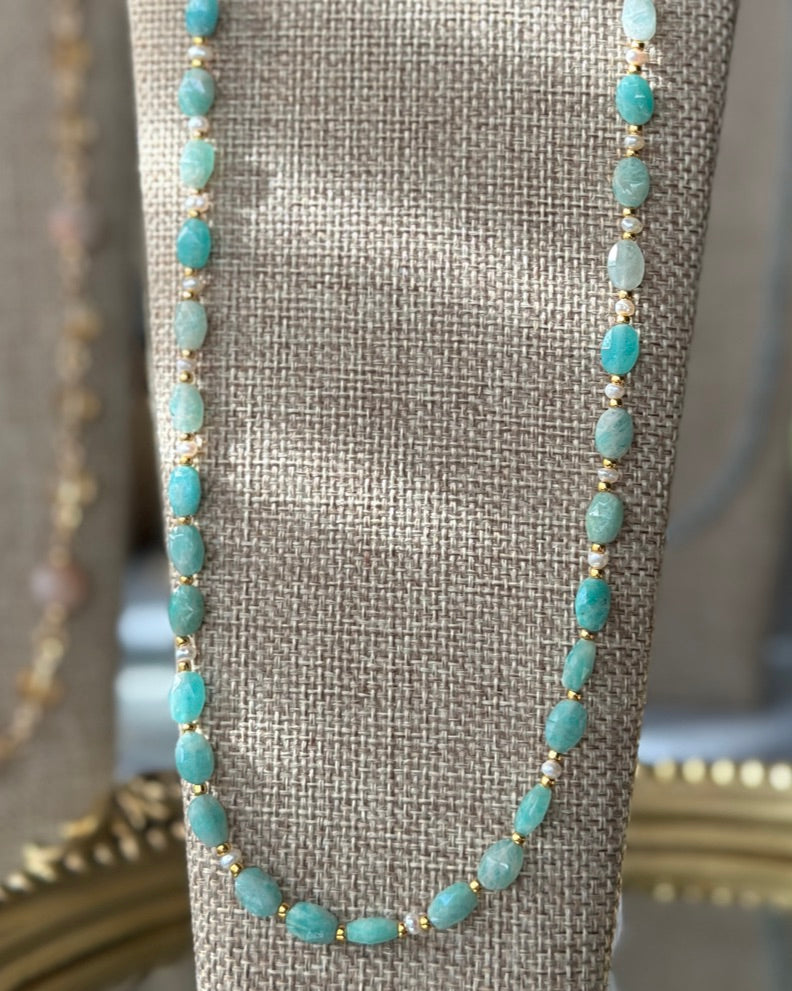 Serene Seas | Strung Beaded Gemstone Necklace | Brazil Amazonite & Freshwater Pearl | 14k Gold-Filled