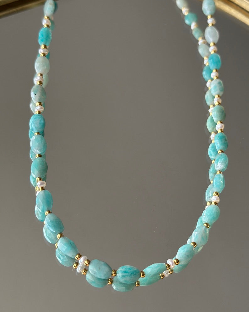 Serene Seas | Strung Beaded Gemstone Necklace | Brazil Amazonite & Freshwater Pearl | 14k Gold-Filled