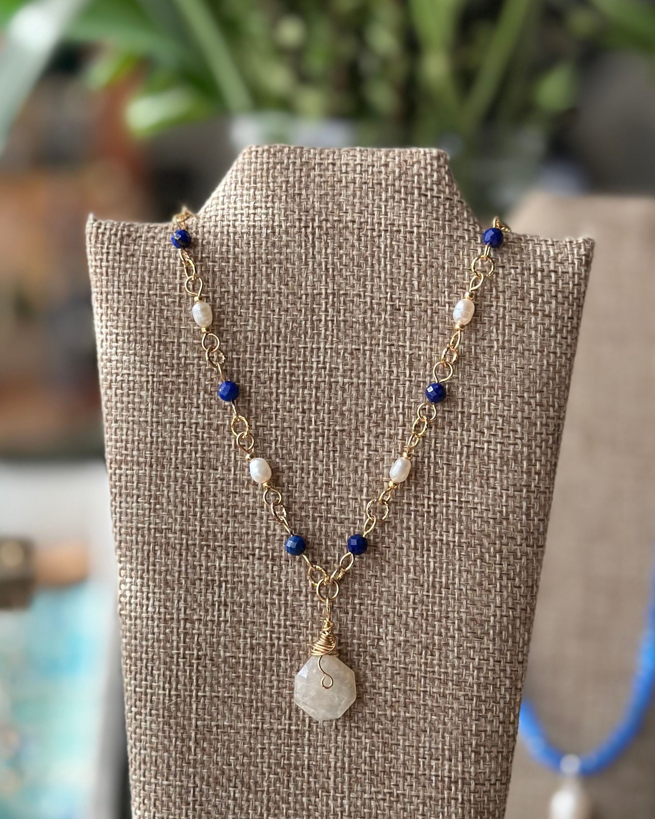 Solar Tide | Linked Gemstone Pendant Necklace | Lapis Lazuli, Freshwater Pearl, Moonstone | 14k Gold-Filled