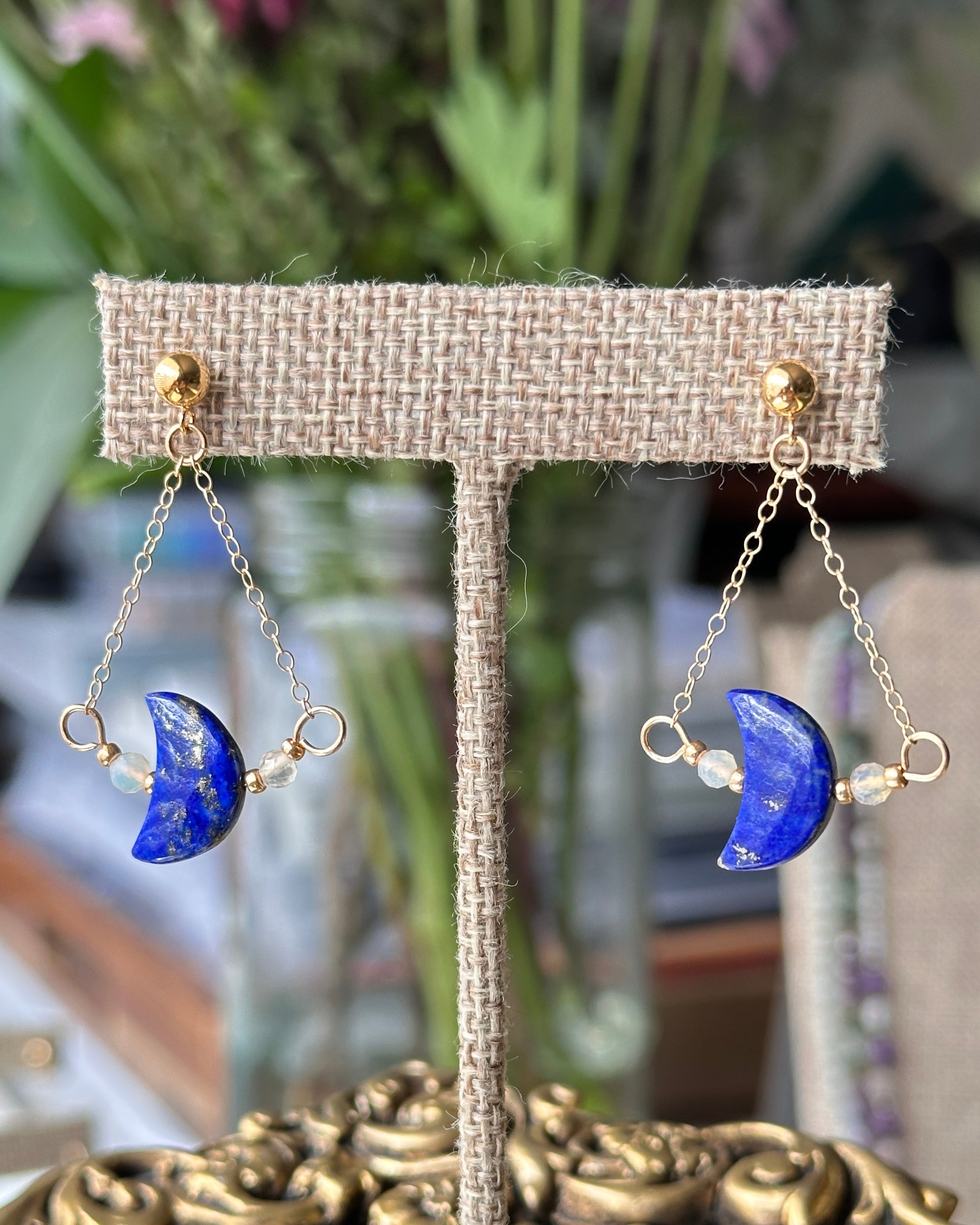 Opalite Sky | Chain Drop Post Earrings | Lapis Lazuli Carved Moon & Opal | 14k Gold-Filled