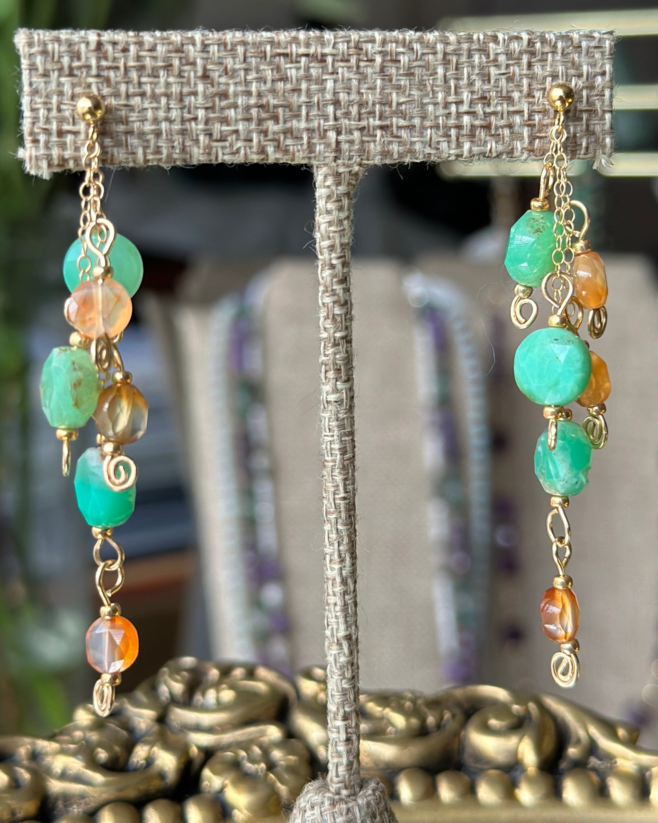 Wintergreen Kiss | Dangle Chain Post Earrings | Australian Chrysoprase & Carnelian | 14k Gold-Filled