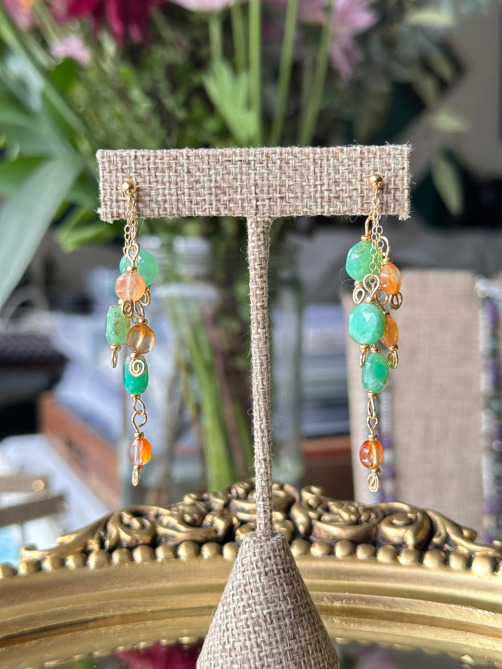 Wintergreen Kiss | Dangle Chain Post Earrings | Australian Chrysoprase & Carnelian | 14k Gold-Filled