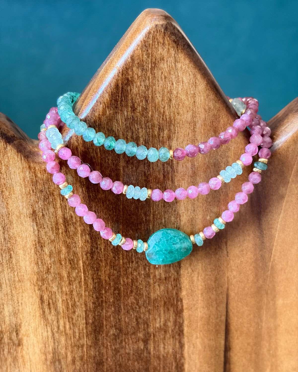 Gemini Moon | Beaded Gemstone Bracelet | Pink Tourmaline & Green Strawberry Quartz | 14k Gold-Filled