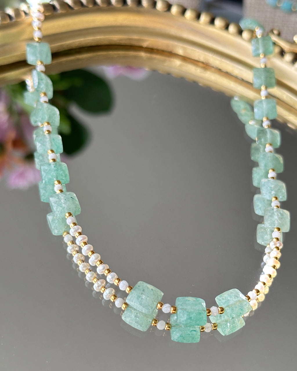 Salt Moon | Beaded Gemstone Toggle Necklace | Green Strawberry Quartz, Freshwater Pearl & Rainbow Moonstone | 14k Gold-Filled