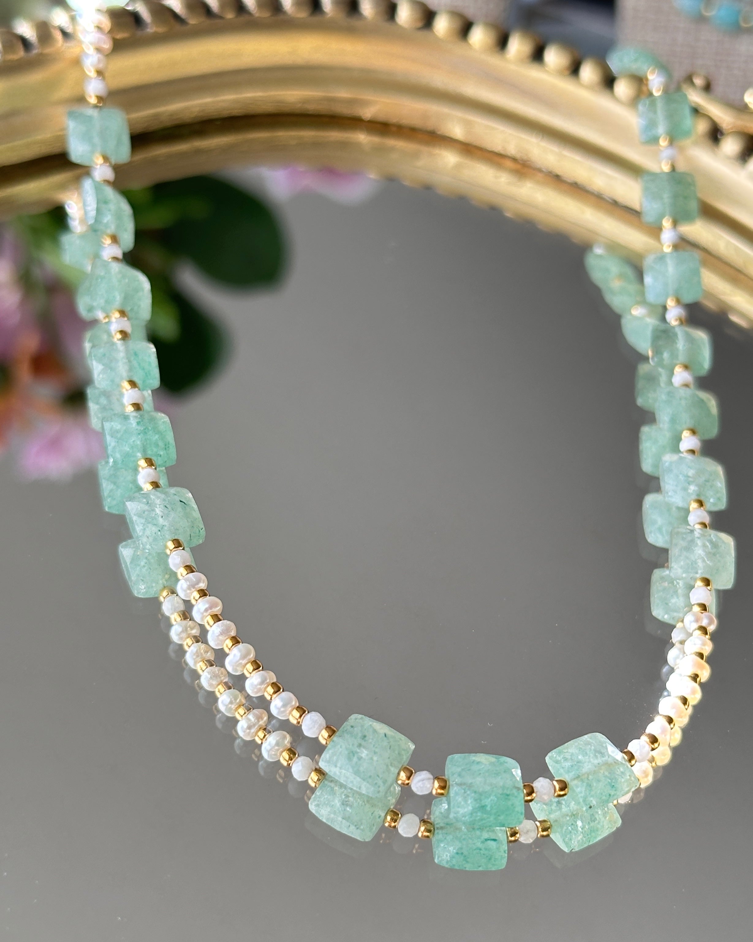 Salt Moon | Beaded Gemstone Toggle Necklace | Green Strawberry Quartz, Freshwater Pearl & Rainbow Moonstone | 14k Gold-Filled