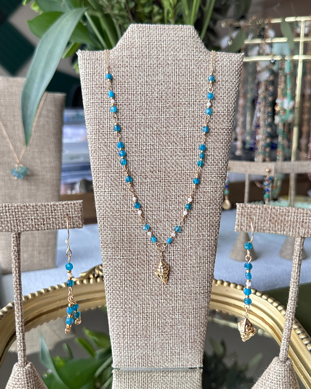 Ocean Whisper | Linked Gemstone Conch Pendant Necklace | Apatite & Moonstone | 14k Gold-Filled