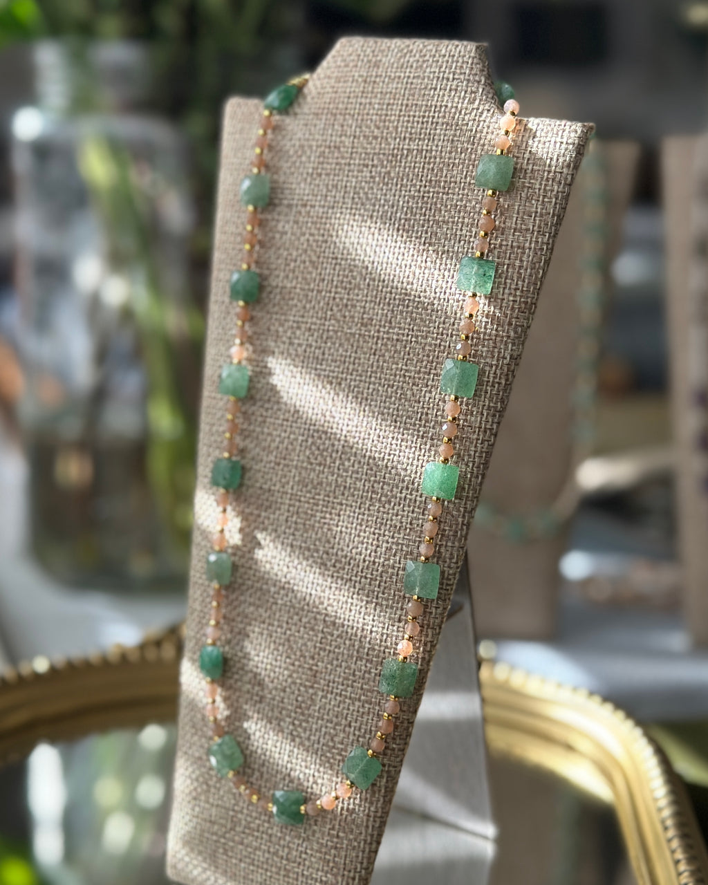 Fruitopia | Beaded Gemstone Necklace | Green Strawberry Quartz & Peach Moonstone | 14k Gold-Filled