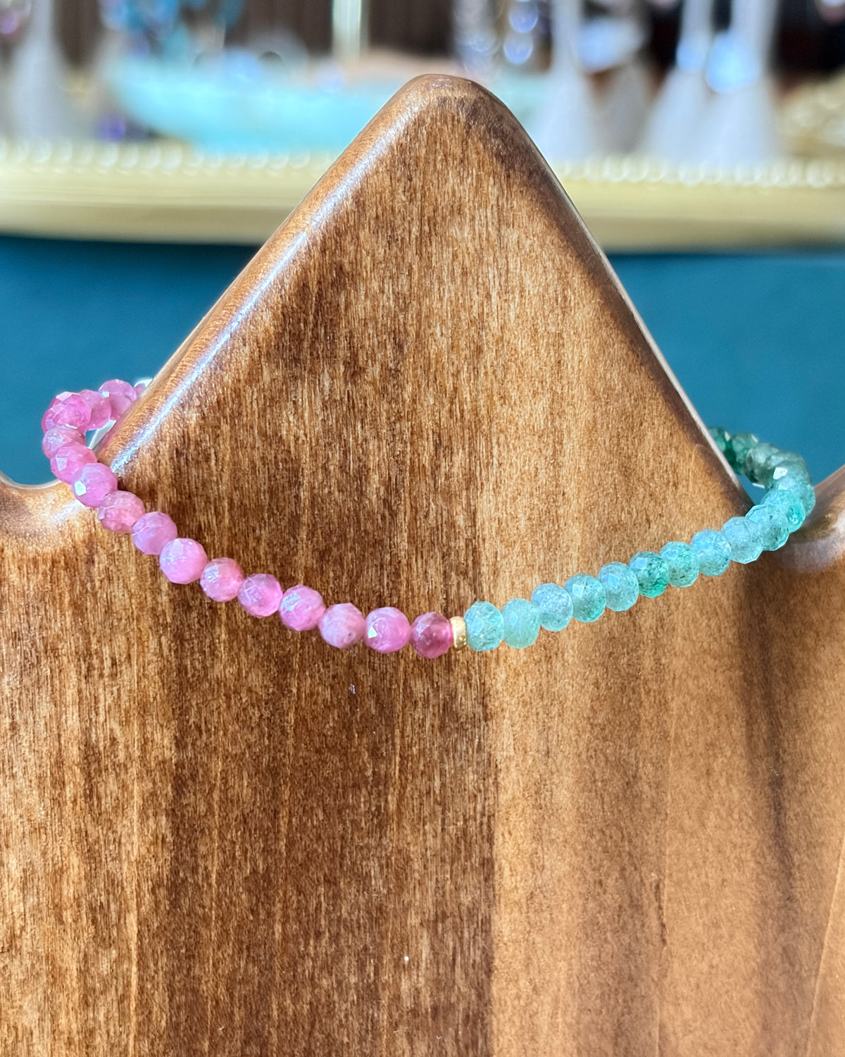 Gemini Moon | Beaded Gemstone Bracelet | Pink Tourmaline & Green Strawberry Quartz | 14k Gold-Filled