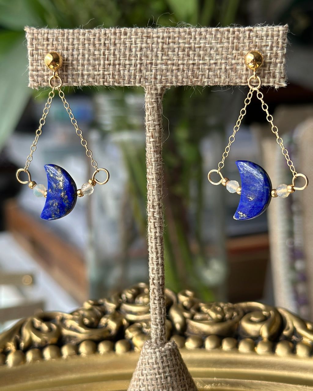 Opalite Sky | Chain Drop Post Earrings | Lapis Lazuli Carved Moon & Opal | 14k Gold-Filled