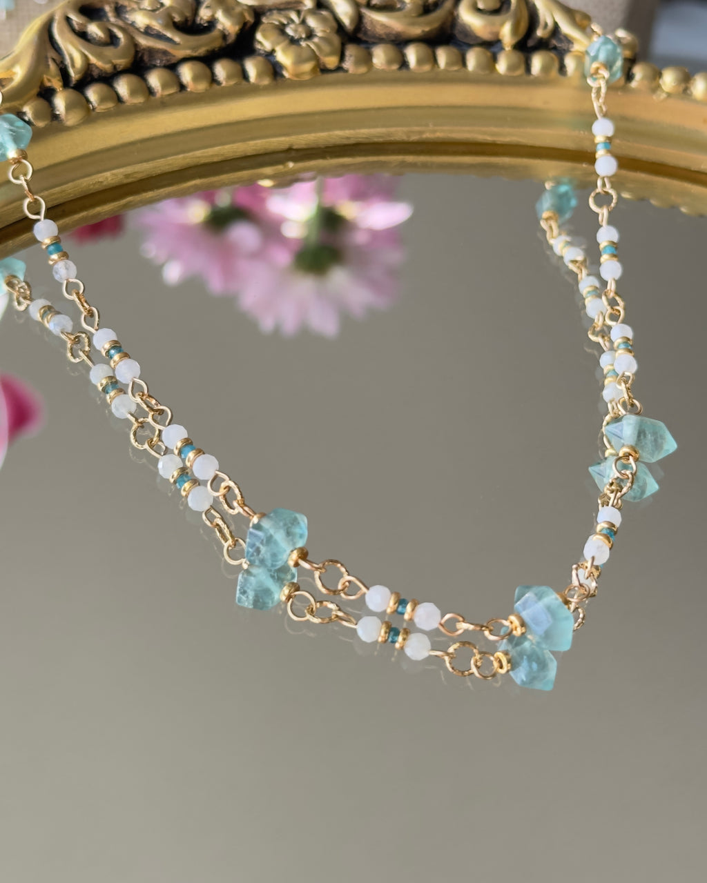 Lunar Prism | Linked Gemstone Necklace | Green Fluorite, Moonstone & Apatite | 14k Gold-Filled