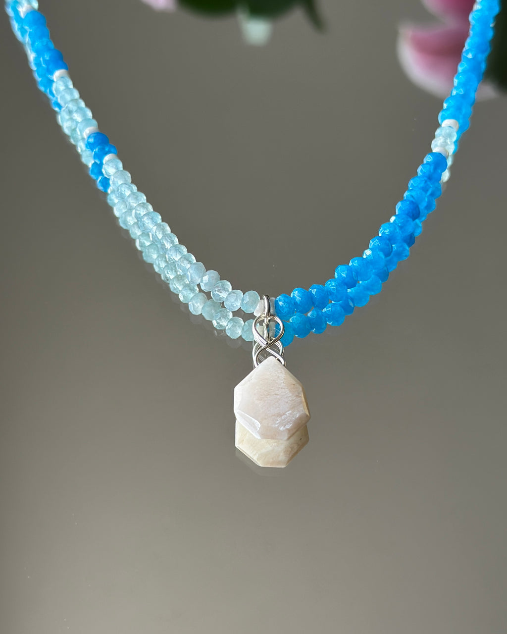 Moon Tide | Beaded Moonstone Pendant Necklace | Sunset Blue Moonstone & Pacific Blue Agate | Sterling Silver