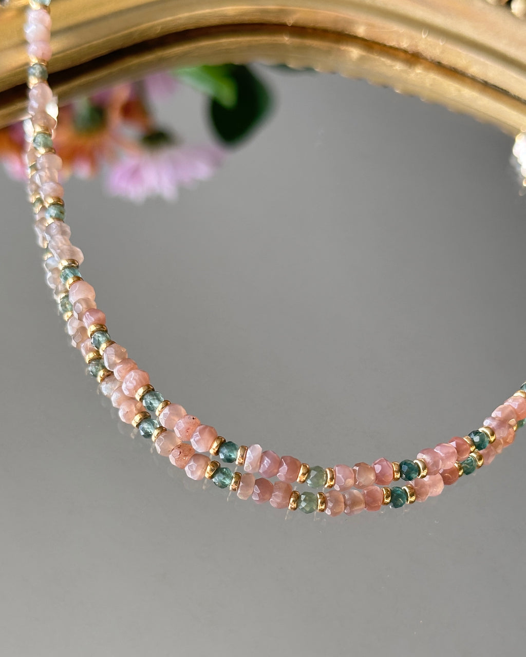 Sunlit Path | Beaded Gemstone Necklace | Green Tourmaline & Peach Moonstone | 14k Gold-Filled