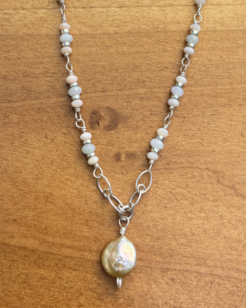 Smooth Sailing | Rosary Style Pendant Necklace | Aquamarine, Opal & Freshwater Pearl | Sterling Silver