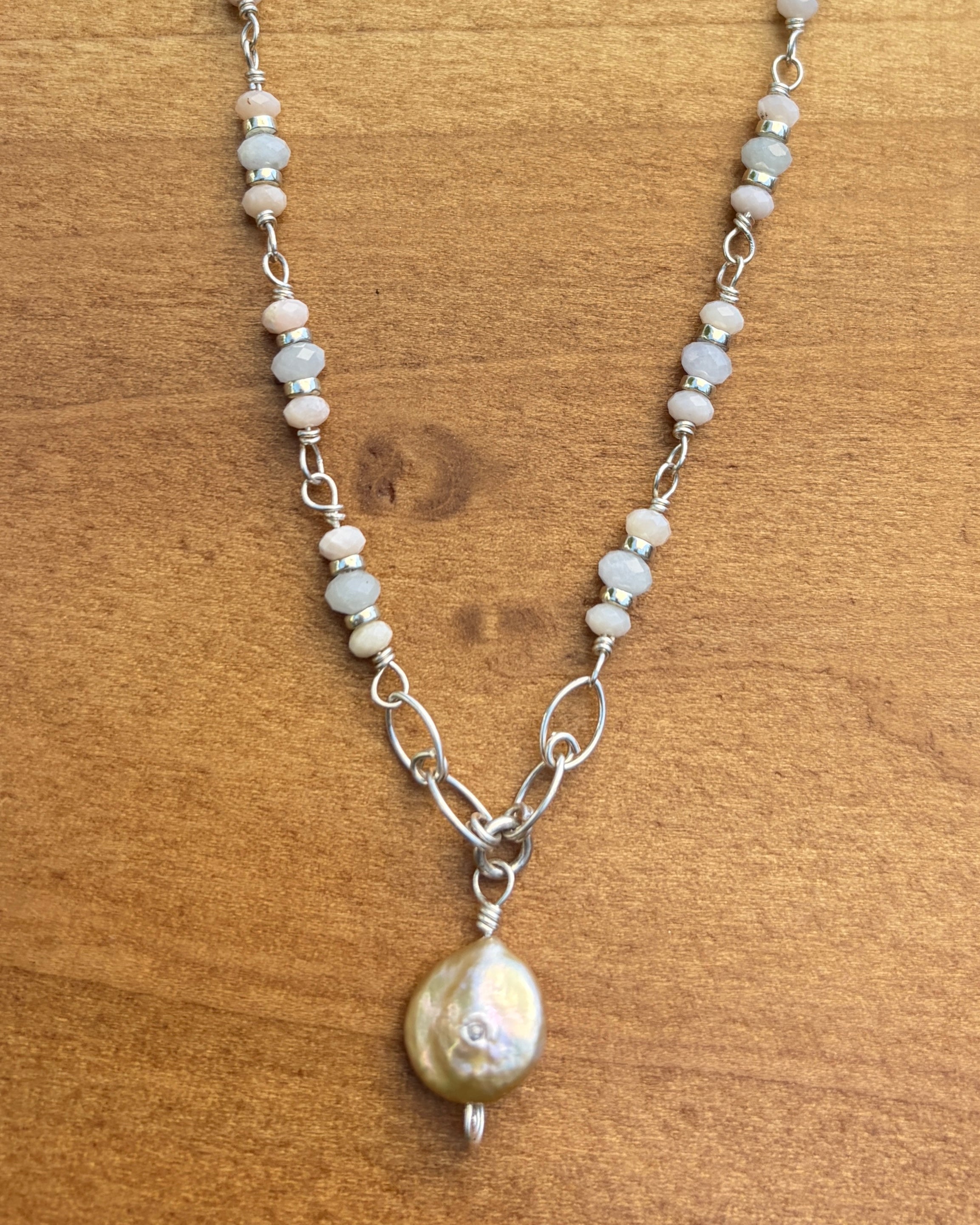 Smooth Sailing | Rosary Style Pendant Necklace | Aquamarine, Opal & Freshwater Pearl | Sterling Silver