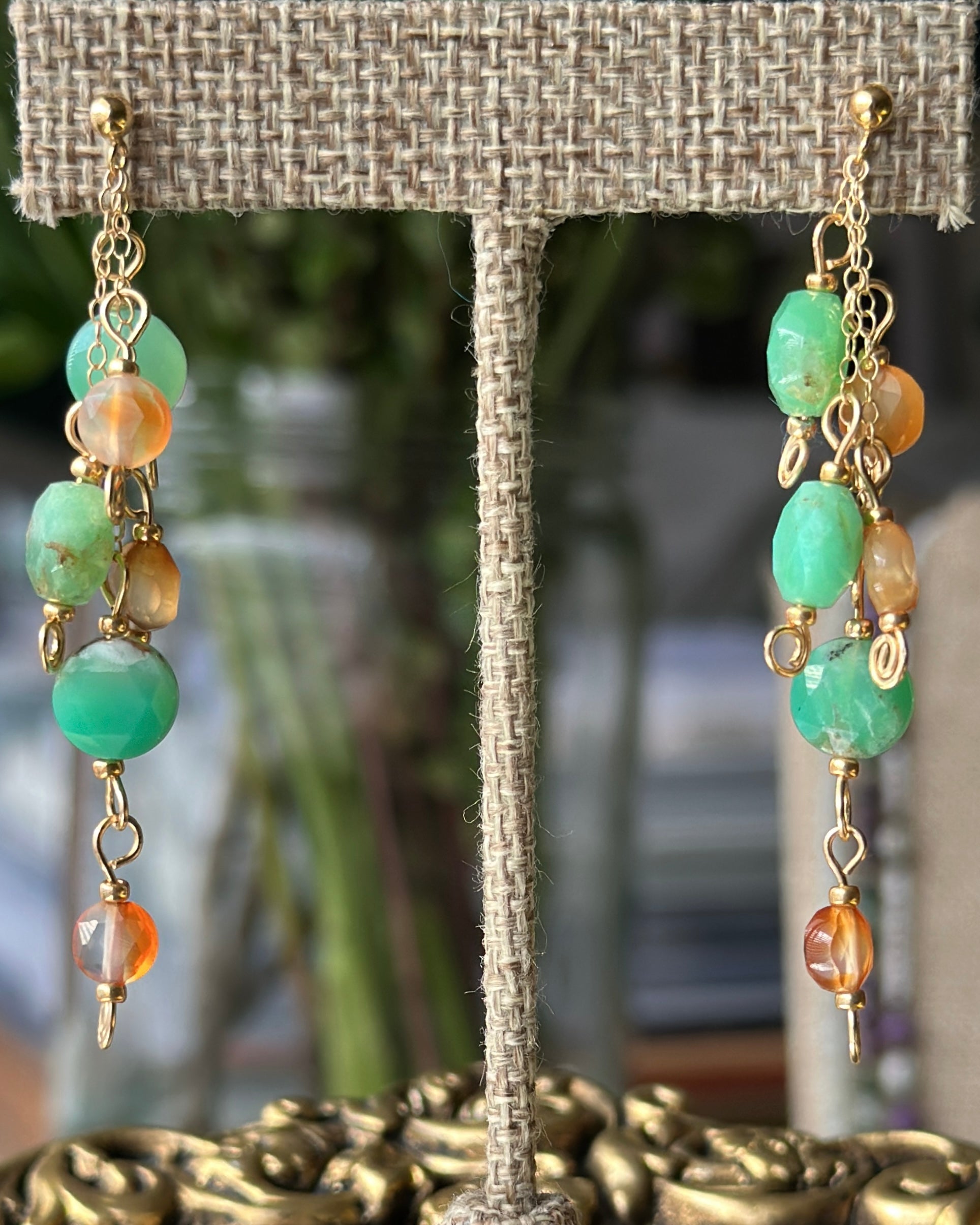 Wintergreen Kiss | Dangle Chain Post Earrings | Australian Chrysoprase & Carnelian | 14k Gold-Filled