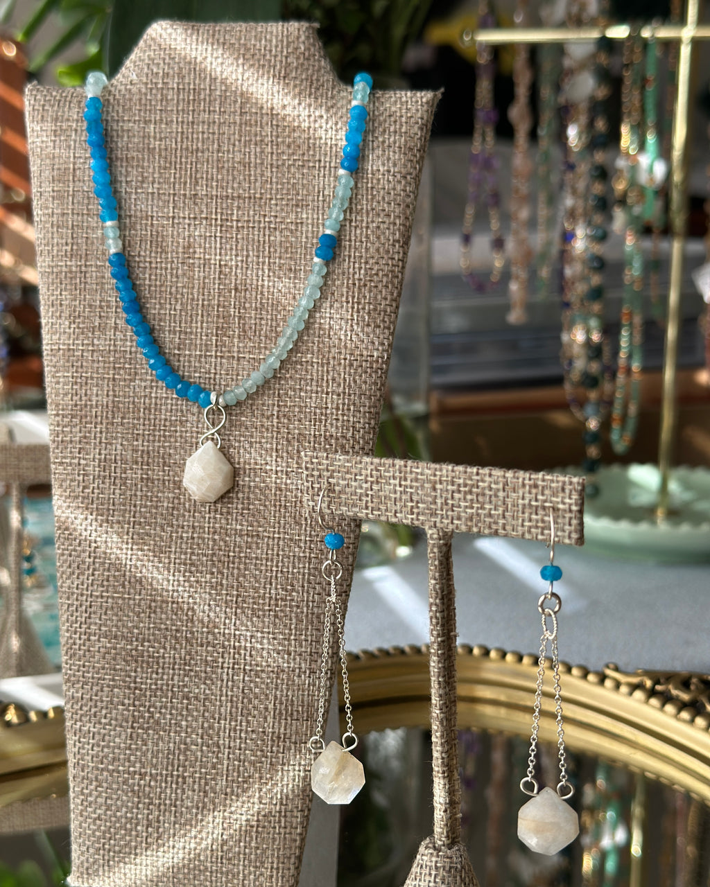 Moon Tide | Chain Drop Earrings | Sunset Blue Moonstone & Pacific Blue Agate | Sterling Silver