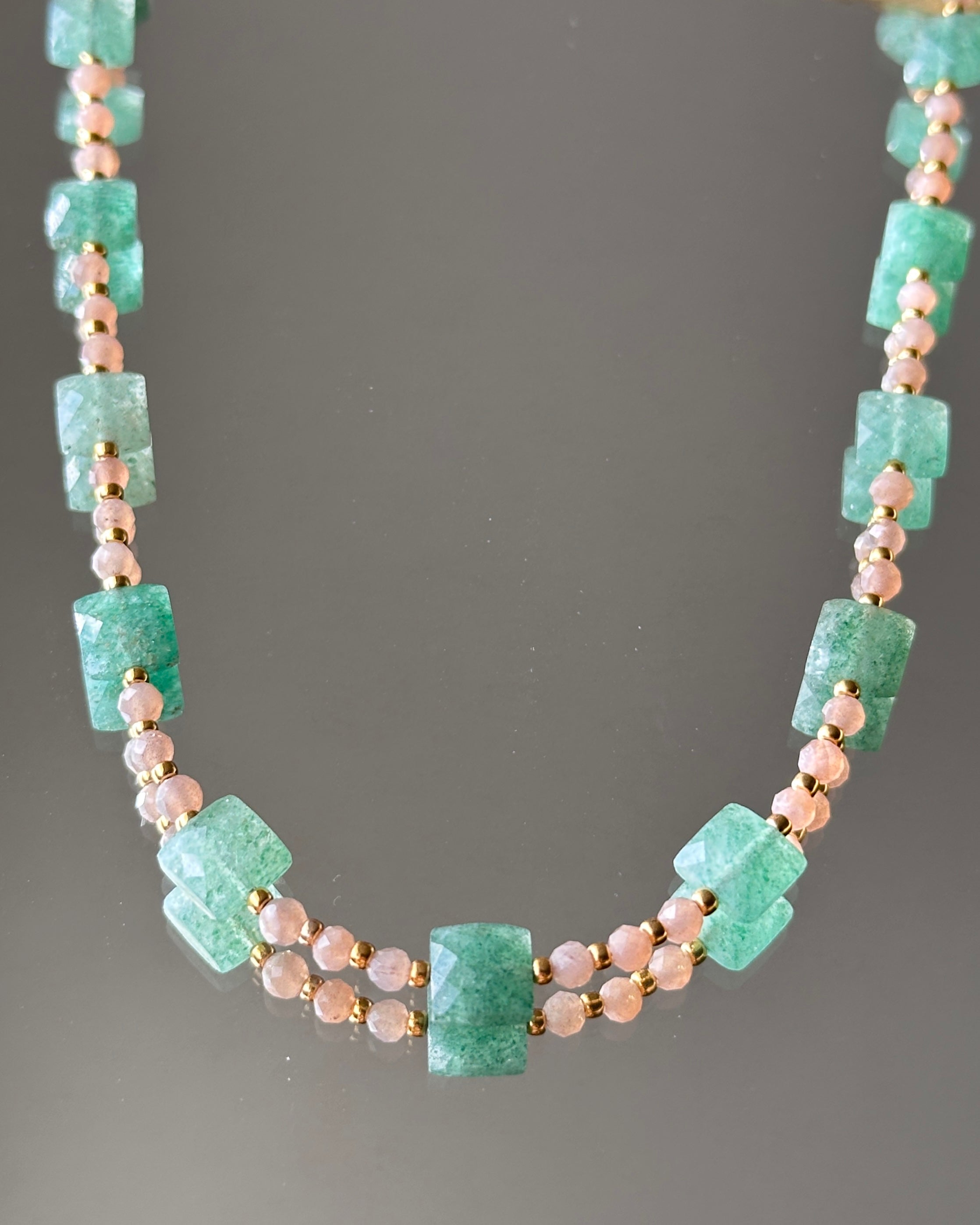 Fruitopia | Beaded Gemstone Necklace | Green Strawberry Quartz & Peach Moonstone | 14k Gold-Filled