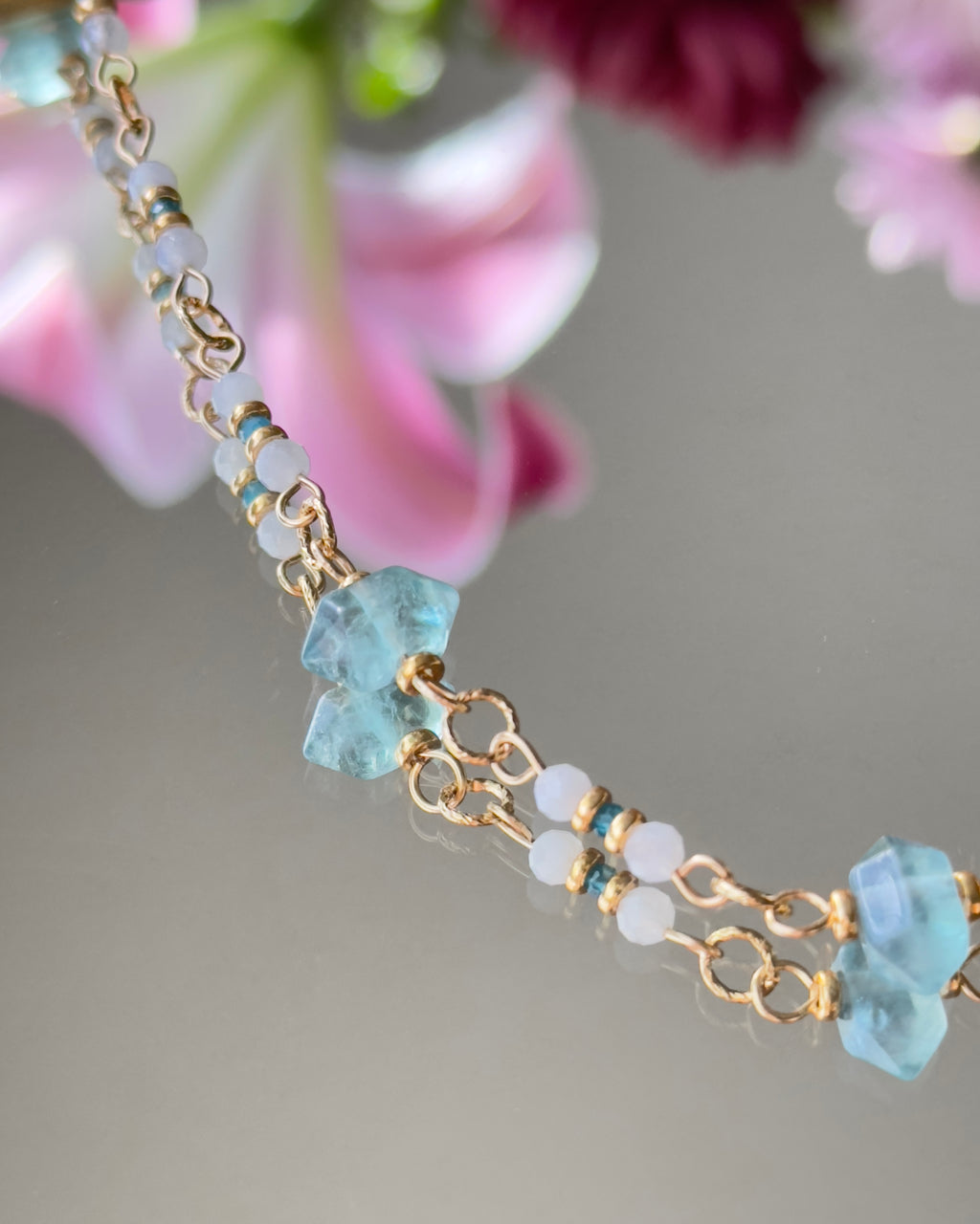 Lunar Prism | Linked Gemstone Necklace | Green Fluorite, Moonstone & Apatite | 14k Gold-Filled