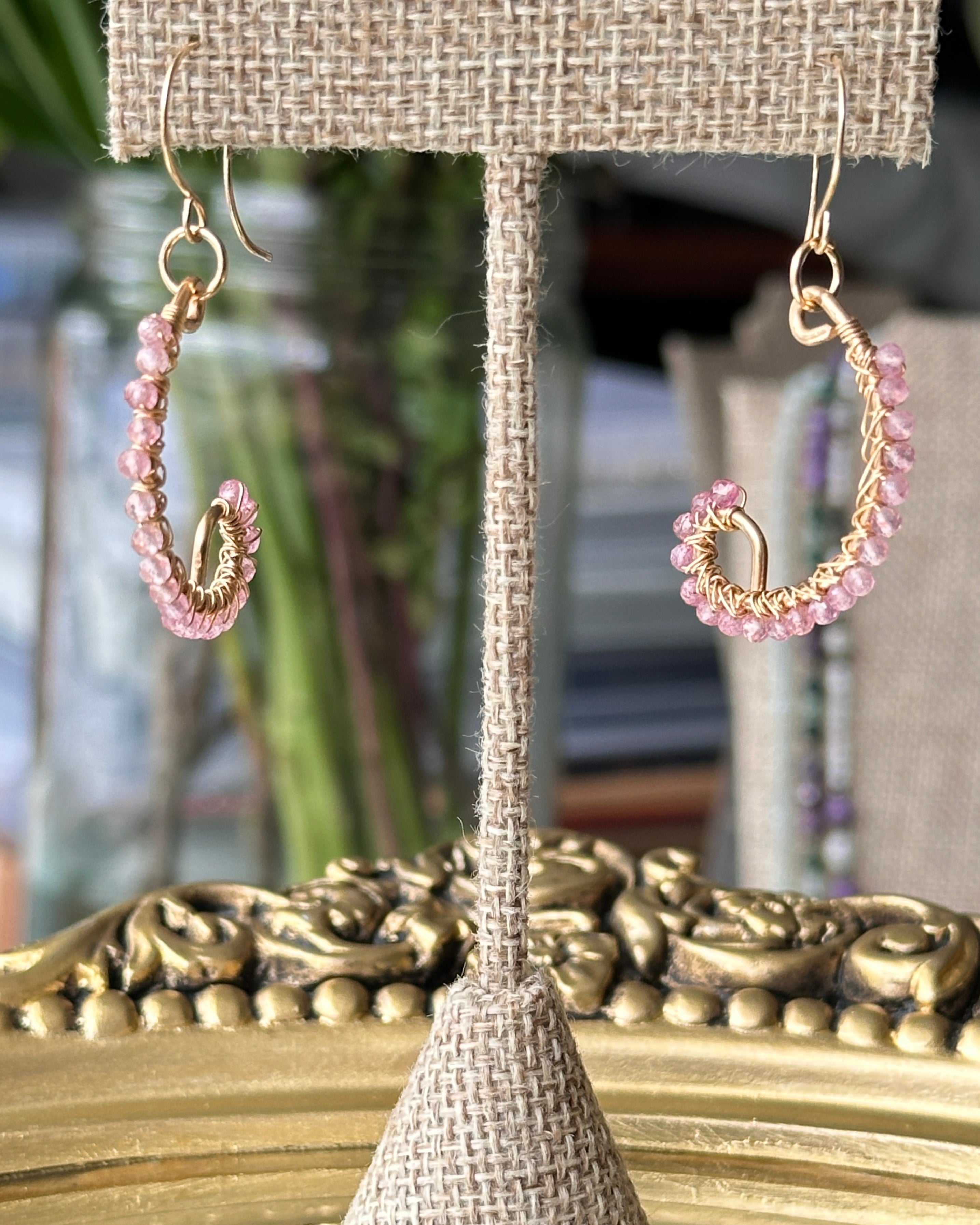 Double Bubble | Wire Wrapped Abstract Earrings | Strawberry Quartz | 14k Gold-Filled