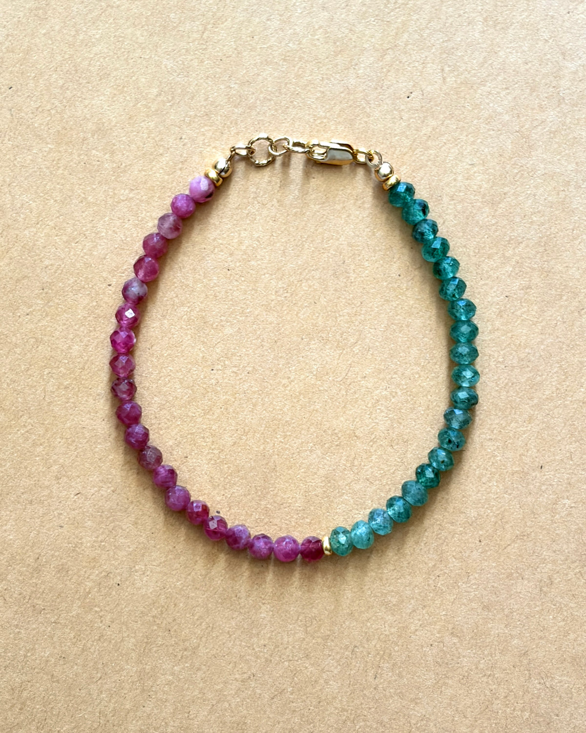 Gemini Moon | Beaded Gemstone Bracelet | Pink Tourmaline & Green Strawberry Quartz | 14k Gold-Filled