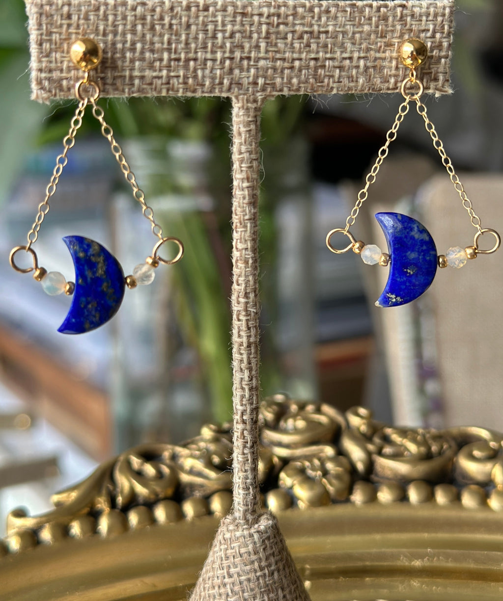 Opalite Sky | Chain Drop Post Earrings | Lapis Lazuli Carved Moon & Opal | 14k Gold-Filled