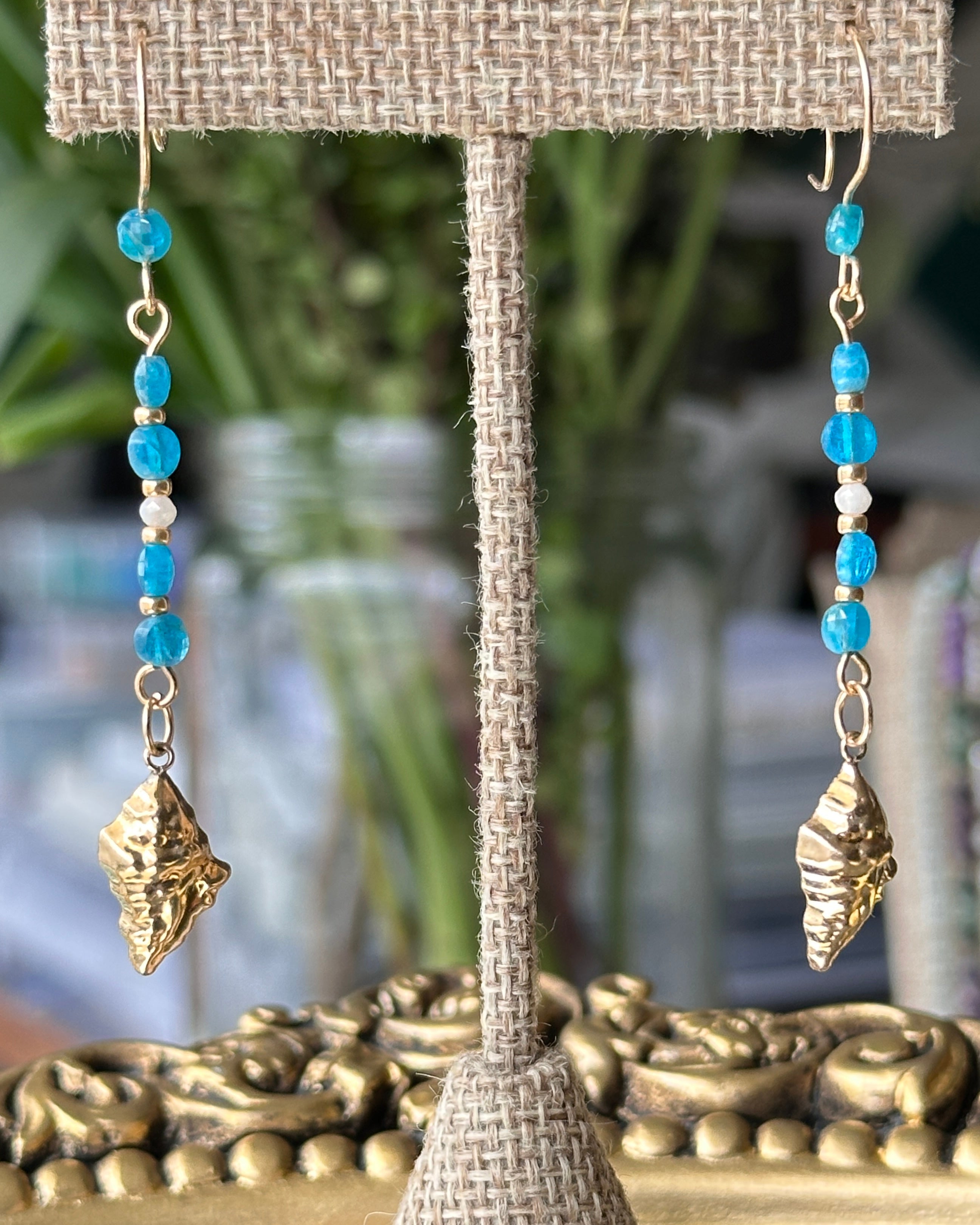 Ocean Whisper | Conch Shell Drop Earrings | Blue Apatite & Moonstone | 14k Gold-Filled