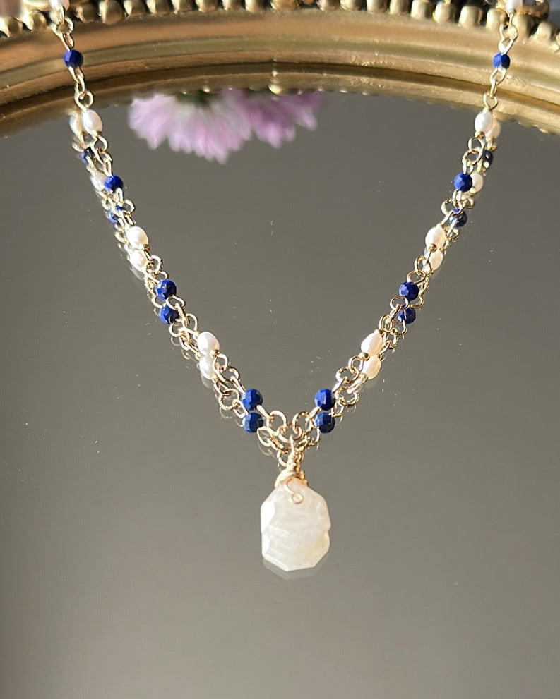 Solar Tide | Linked Gemstone Pendant Necklace | Lapis Lazuli, Freshwater Pearl, Moonstone | 14k Gold-Filled