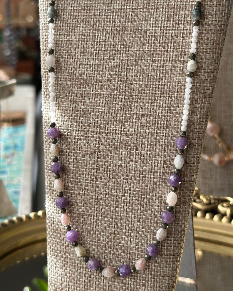 Lunar Mountain | Beaded Gemstone Necklace | Tourmaline, Lepidolite, Pyrite, Moonstone | Sterling Silver