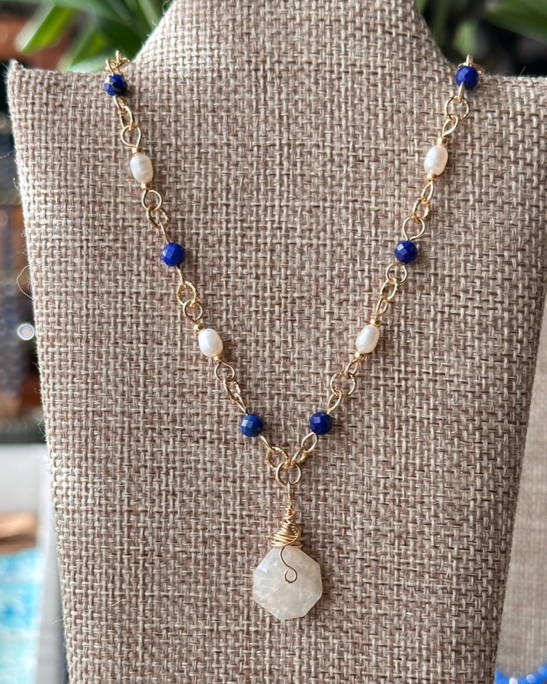 Solar Tide | Linked Gemstone Pendant Necklace | Lapis Lazuli, Freshwater Pearl, Moonstone | 14k Gold-Filled