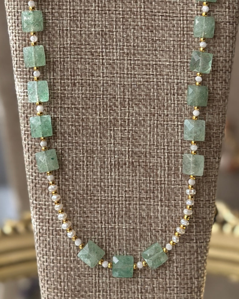 Salt Moon | Beaded Gemstone Toggle Necklace | Green Strawberry Quartz, Freshwater Pearl & Rainbow Moonstone | 14k Gold-Filled