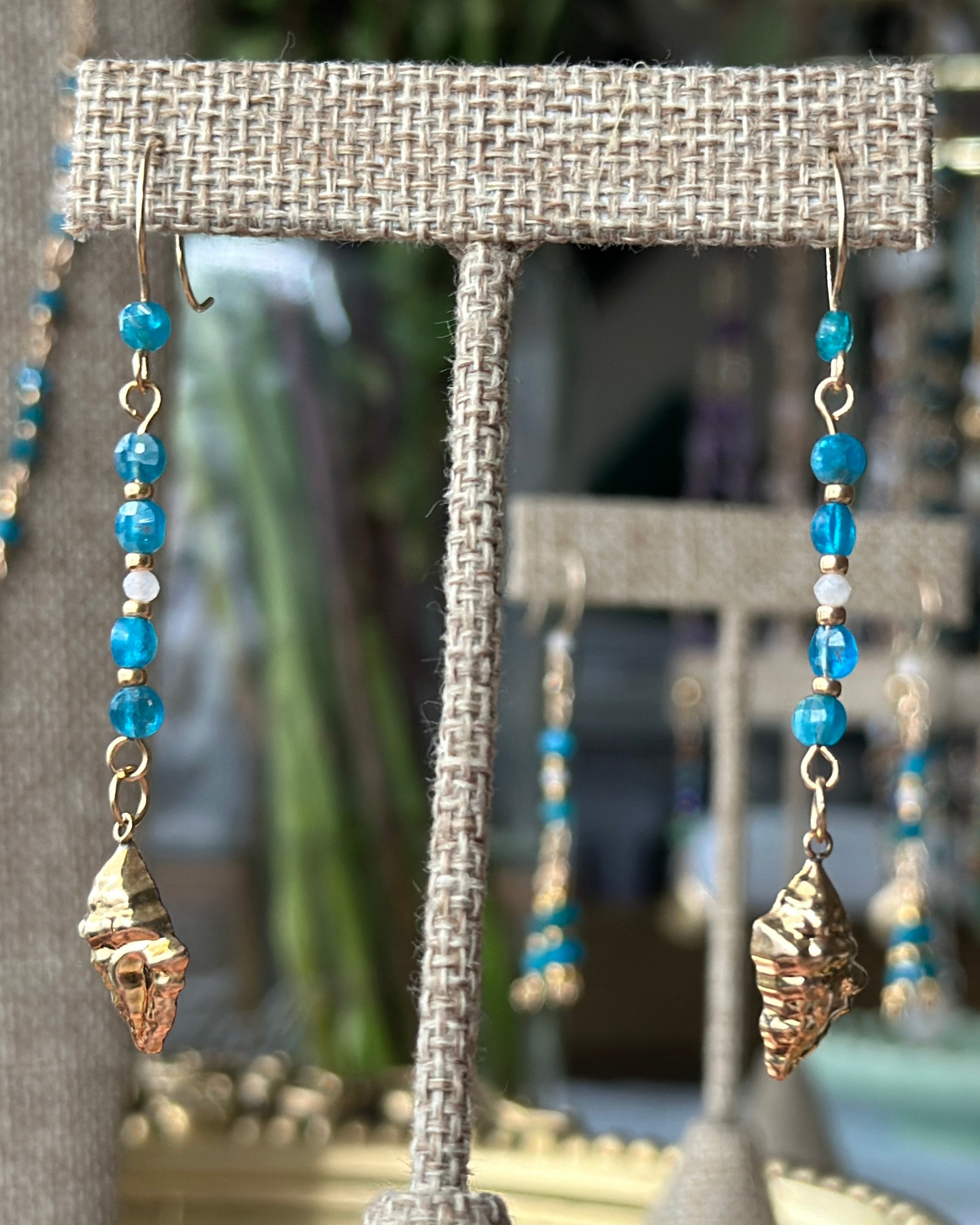 Ocean Whisper | Conch Shell Drop Earrings | Blue Apatite & Moonstone | 14k Gold-Filled