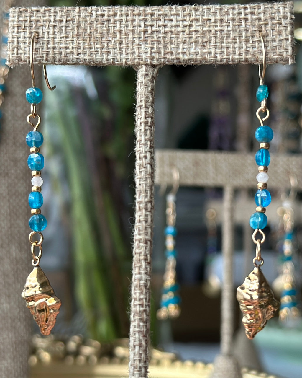 Ocean Whisper | Conch Shell Drop Earrings | Blue Apatite & Moonstone | 14k Gold-Filled