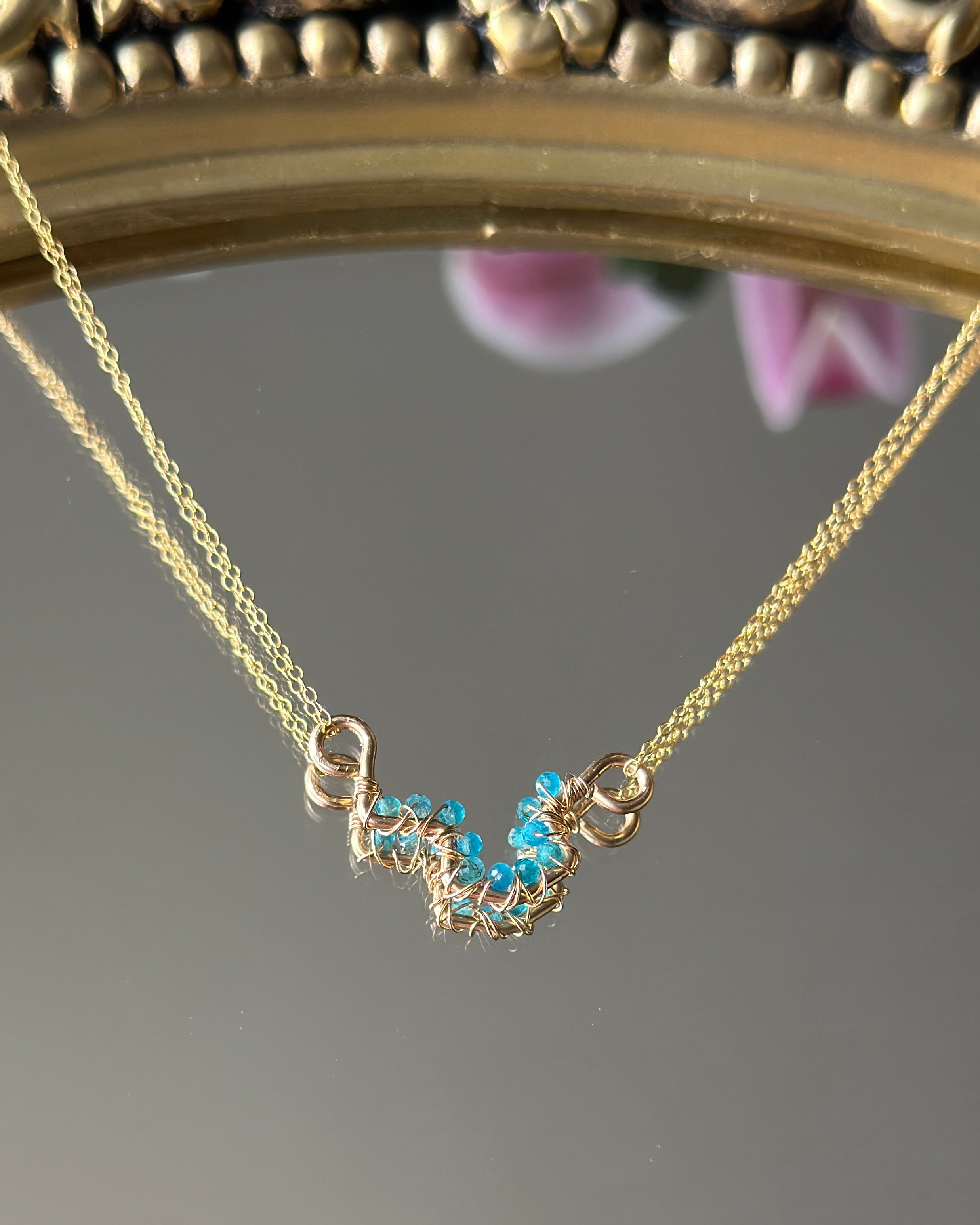 Pacific Wave | Wire Wrapped Pendant Double Chain Necklace | Pacific Blue Apatite | 14k Gold-Filled