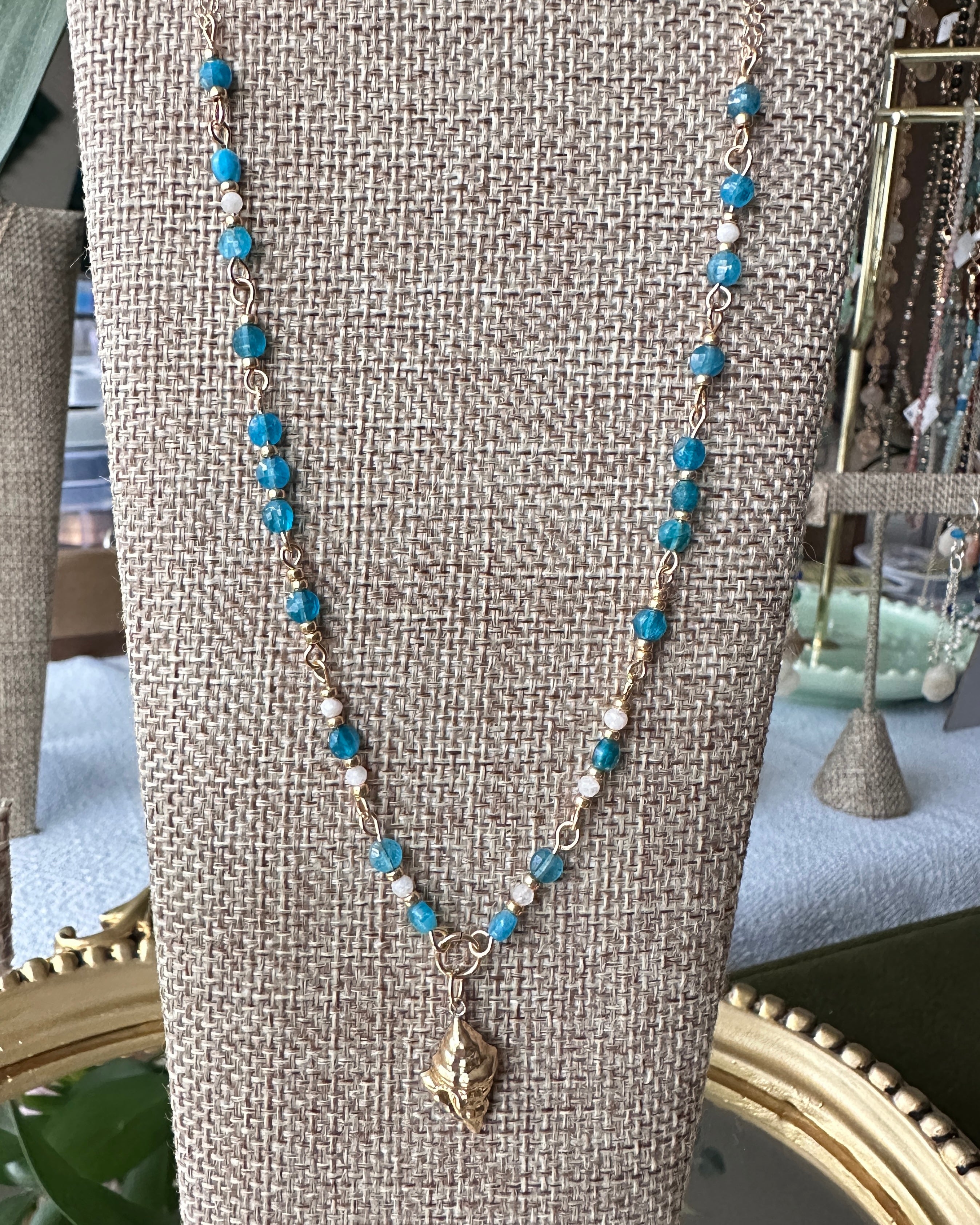 Ocean Whisper | Linked Gemstone Conch Pendant Necklace | Apatite & Moonstone | 14k Gold-Filled