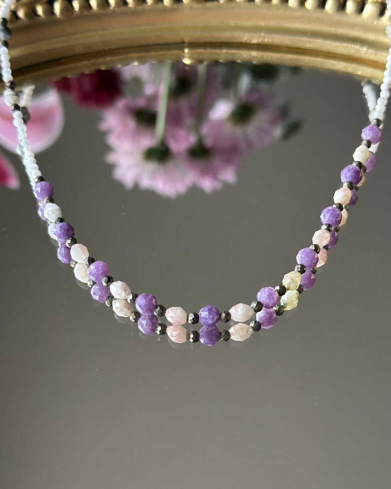 Lunar Mountain | Beaded Gemstone Necklace | Tourmaline, Lepidolite, Pyrite, Moonstone | Sterling Silver