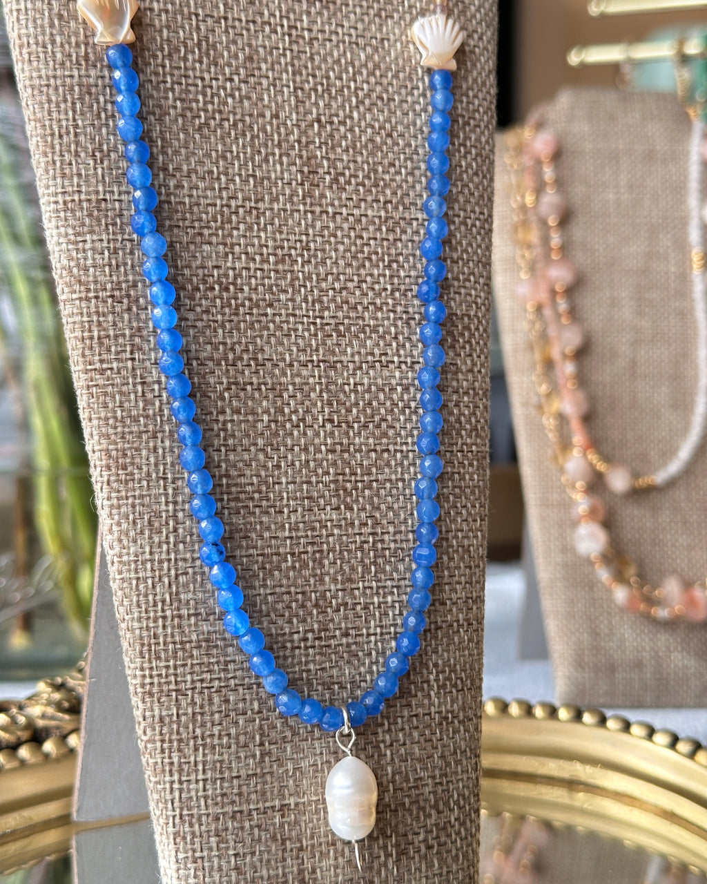 Shell Beach | Beaded Pearl Pendant Necklace | Freshwater Pearl, Fluorite, Agate & Mother of Pearl | Sterling Silver