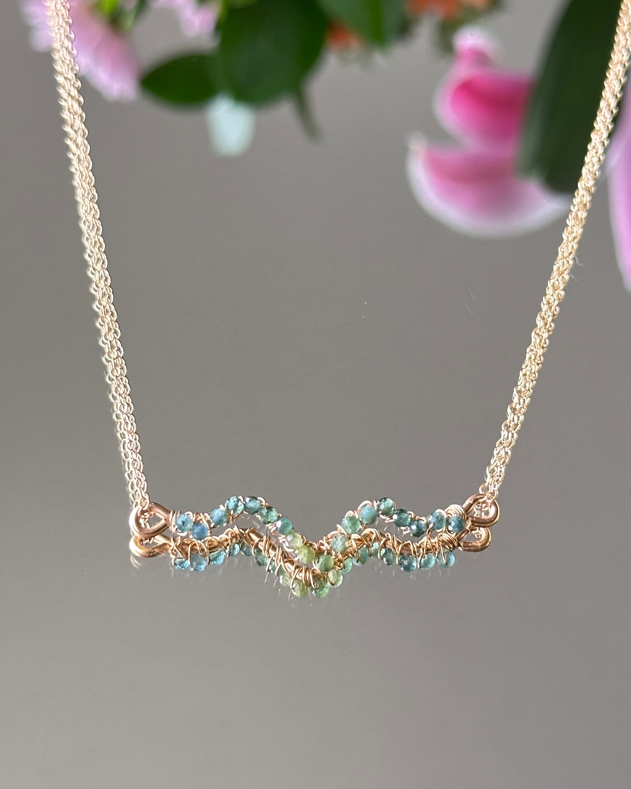 Evergreen Flow | Wire Wrapped Pendant Dainty Chain Necklace | Green Tourmaline | 14k Gold-Filled