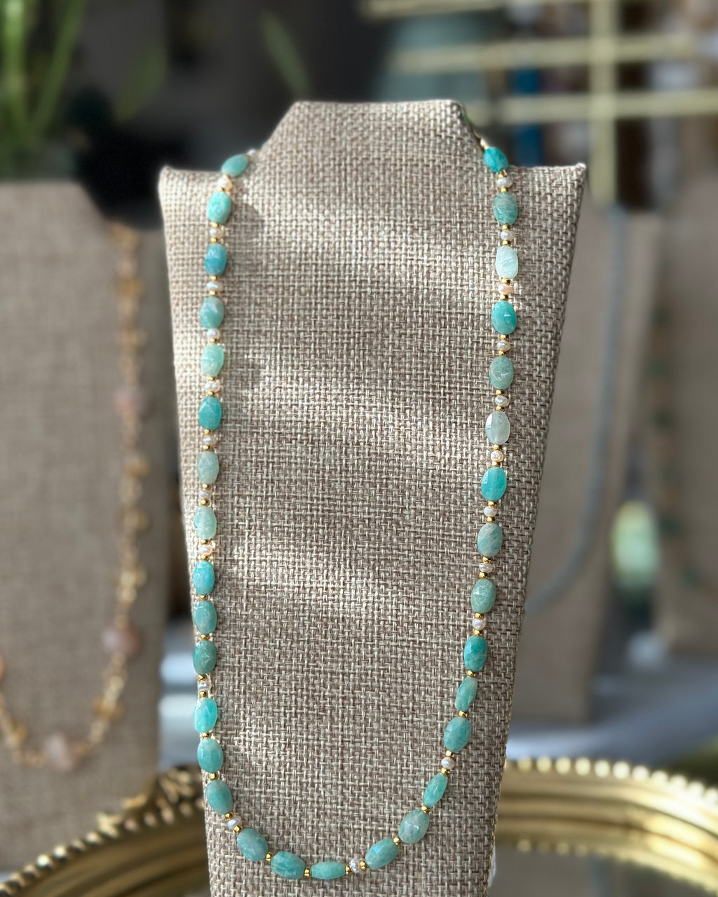 Serene Seas | Strung Beaded Gemstone Necklace | Brazil Amazonite & Freshwater Pearl | 14k Gold-Filled