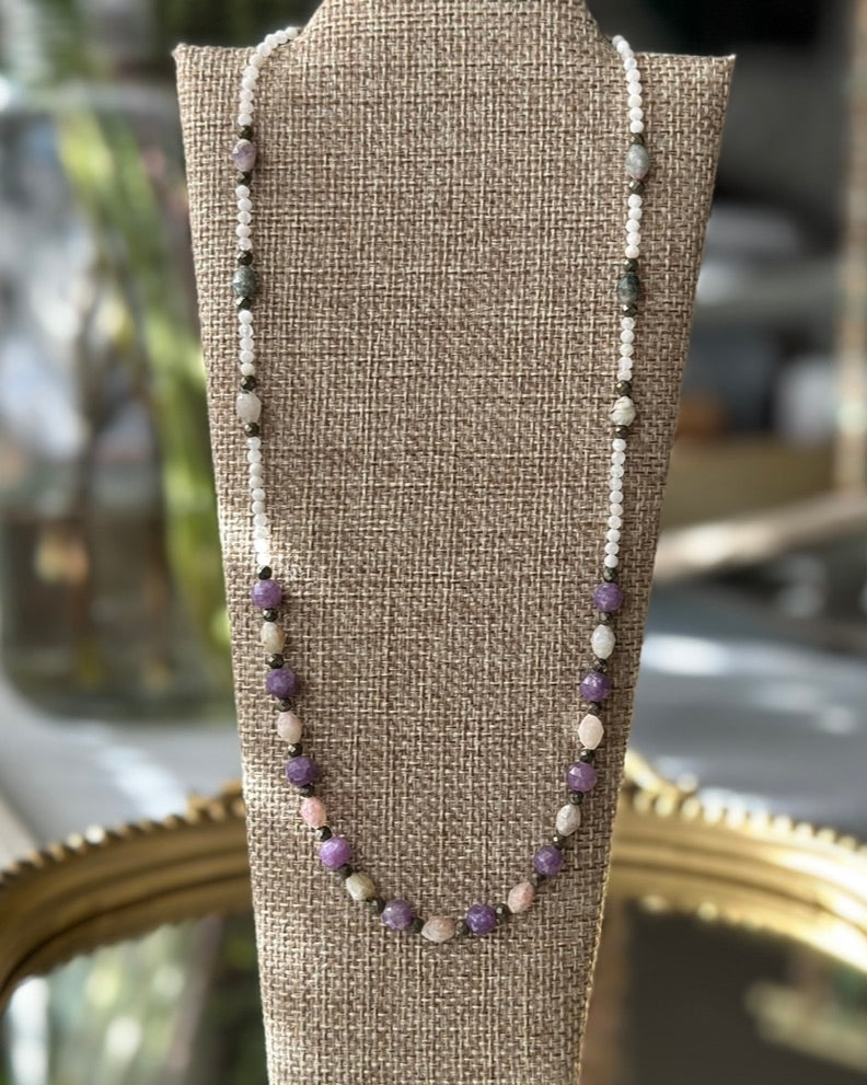 Lunar Mountain | Beaded Gemstone Necklace | Tourmaline, Lepidolite, Pyrite, Moonstone | Sterling Silver