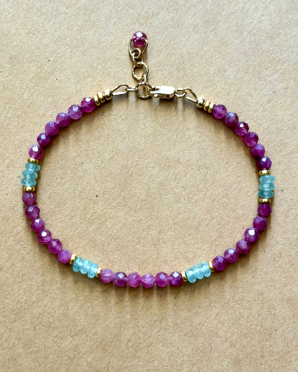 Rose Garden | Beaded Gemstone Bracelet | Pink Tourmaline & Green Strawberry Quartz | 14k Gold-Filled