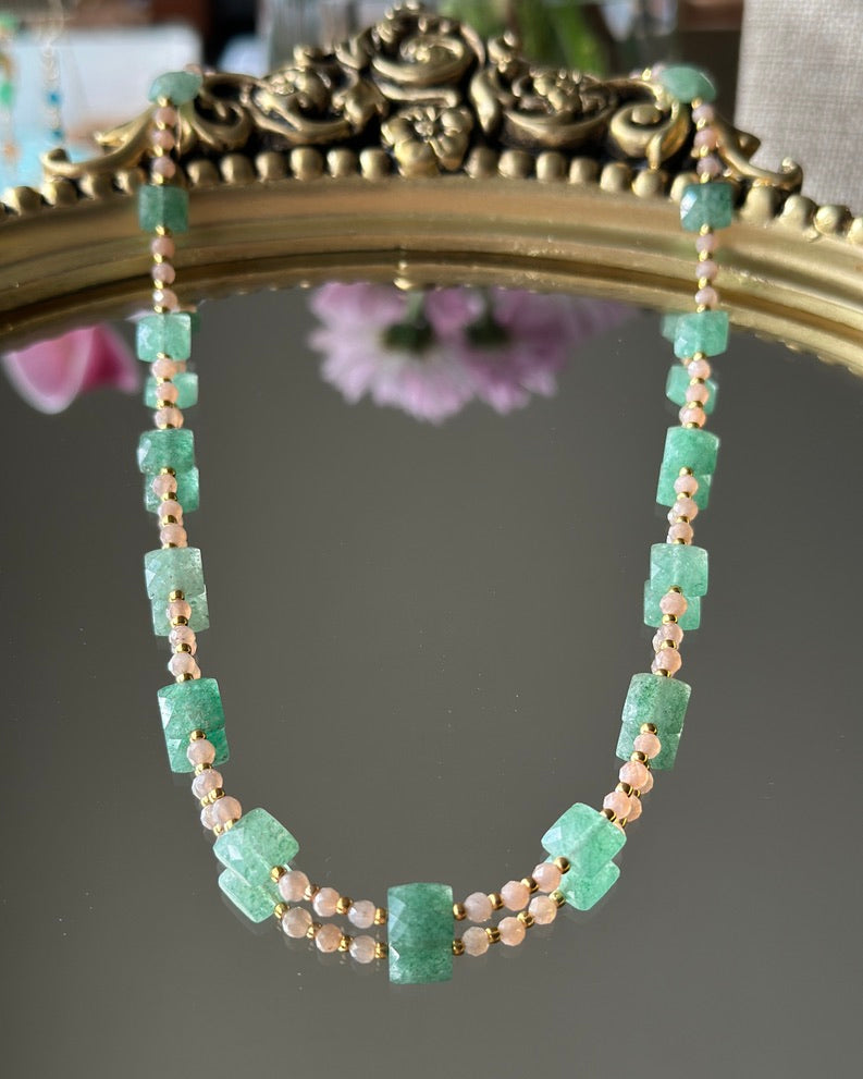 Fruitopia | Beaded Gemstone Necklace | Green Strawberry Quartz & Peach Moonstone | 14k Gold-Filled
