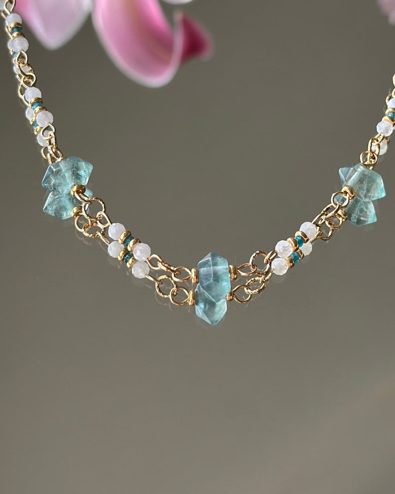 Lunar Prism | Linked Gemstone Necklace | Green Fluorite, Moonstone & Apatite | 14k Gold-Filled
