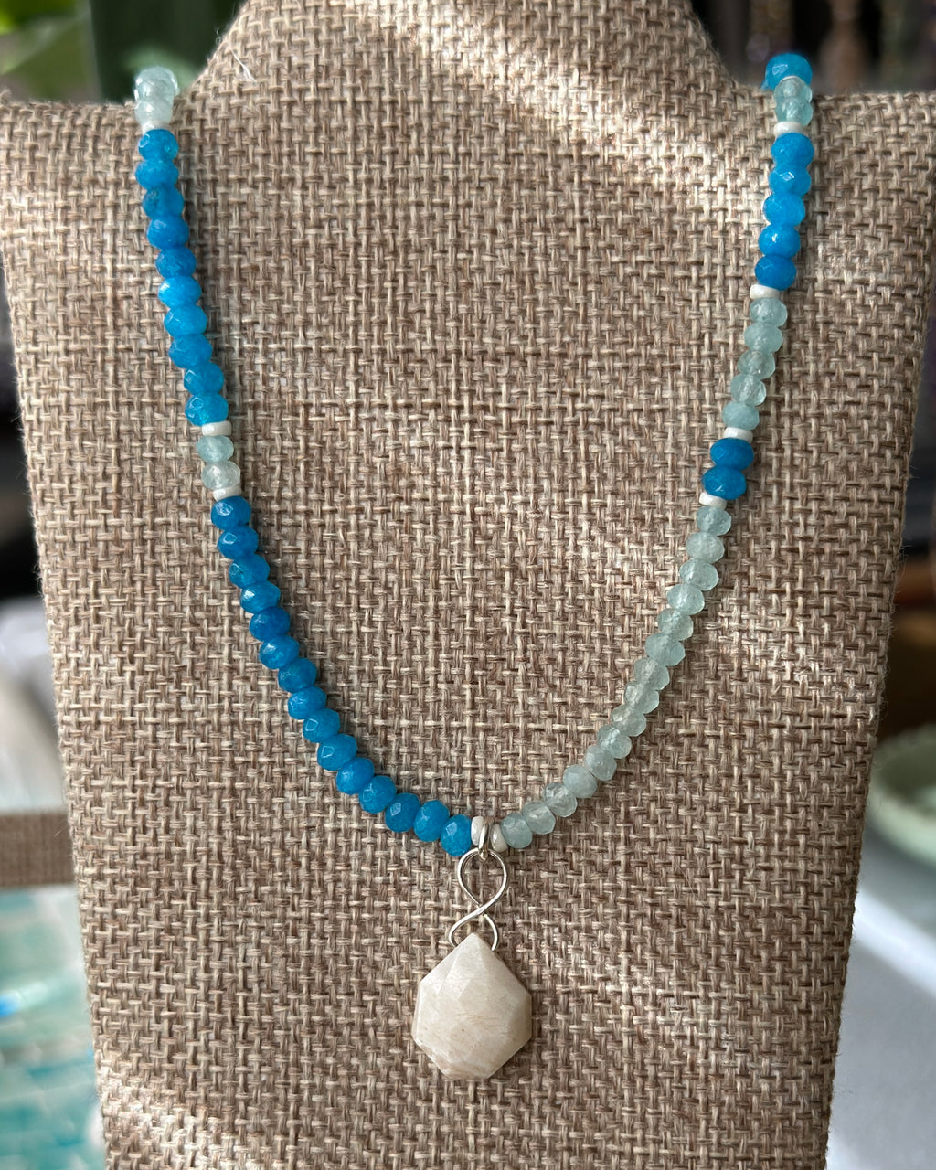 Moon Tide | Beaded Moonstone Pendant Necklace | Sunset Blue Moonstone & Pacific Blue Agate | Sterling Silver