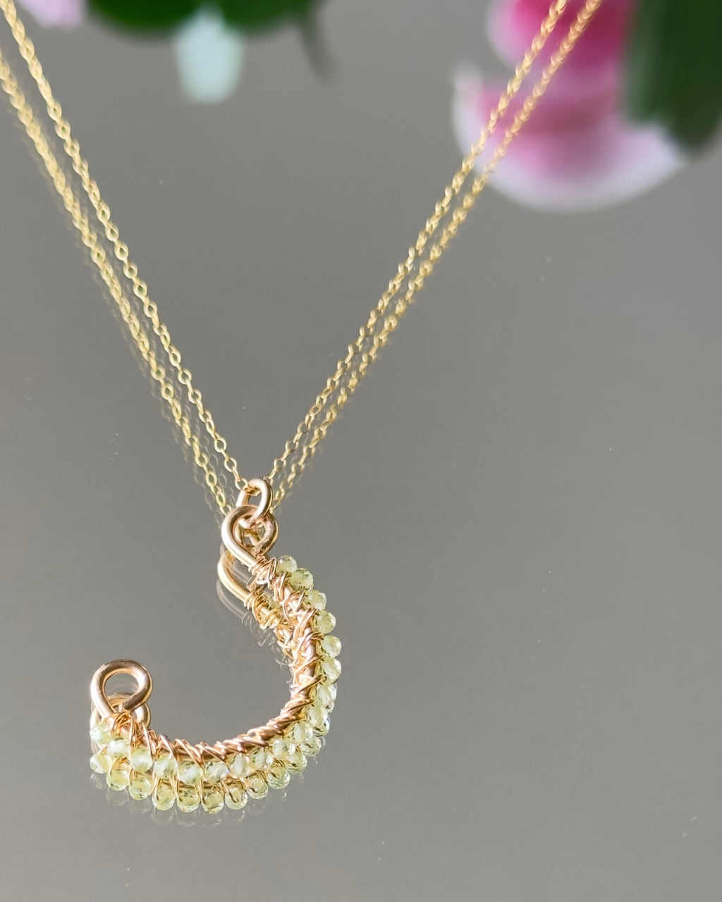 Placid Lily | Wire Wrapped Pendant Dainty Chain Necklace | Peridot | 14k Gold-Filled