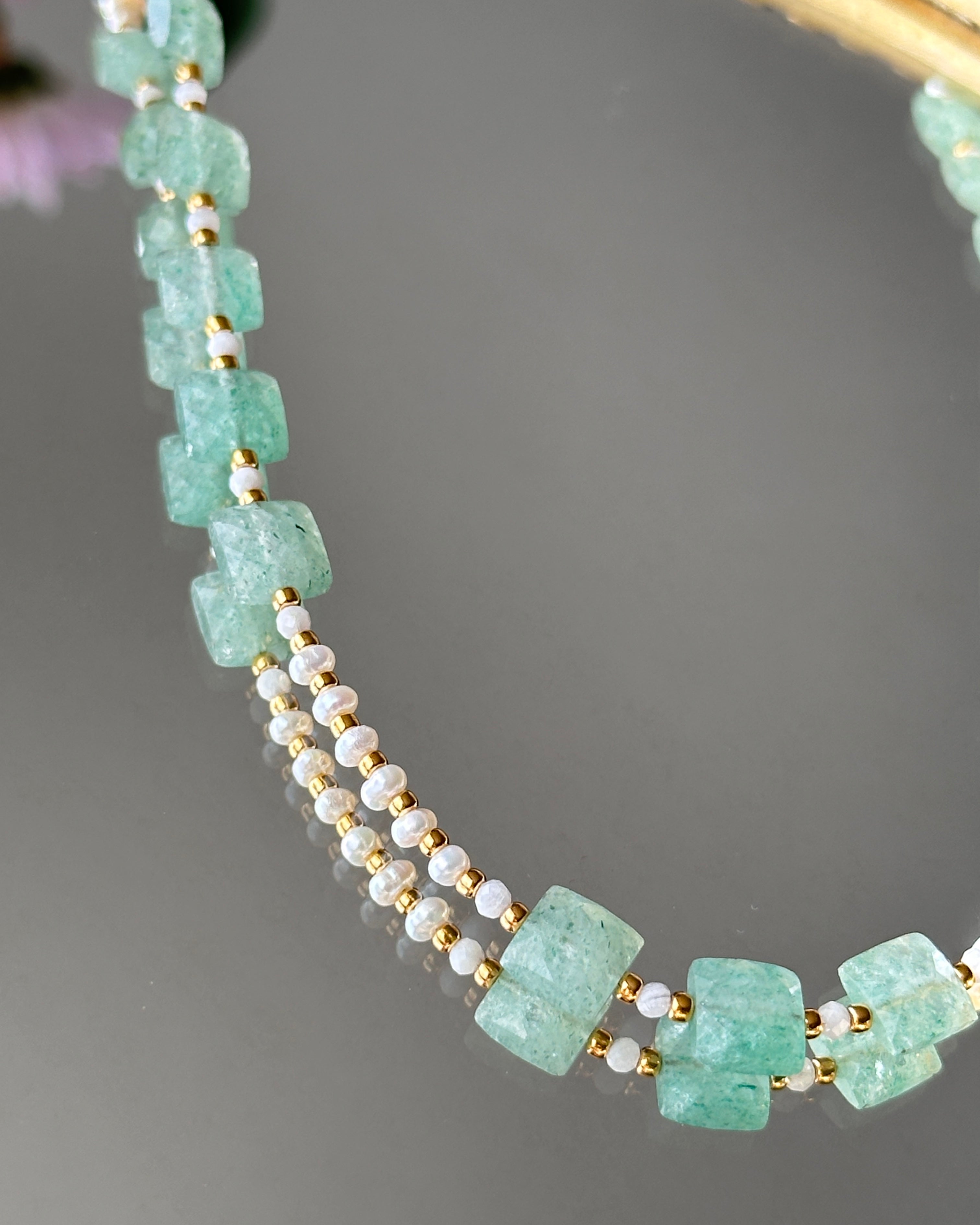 Salt Moon | Beaded Gemstone Toggle Necklace | Green Strawberry Quartz, Freshwater Pearl & Rainbow Moonstone | 14k Gold-Filled