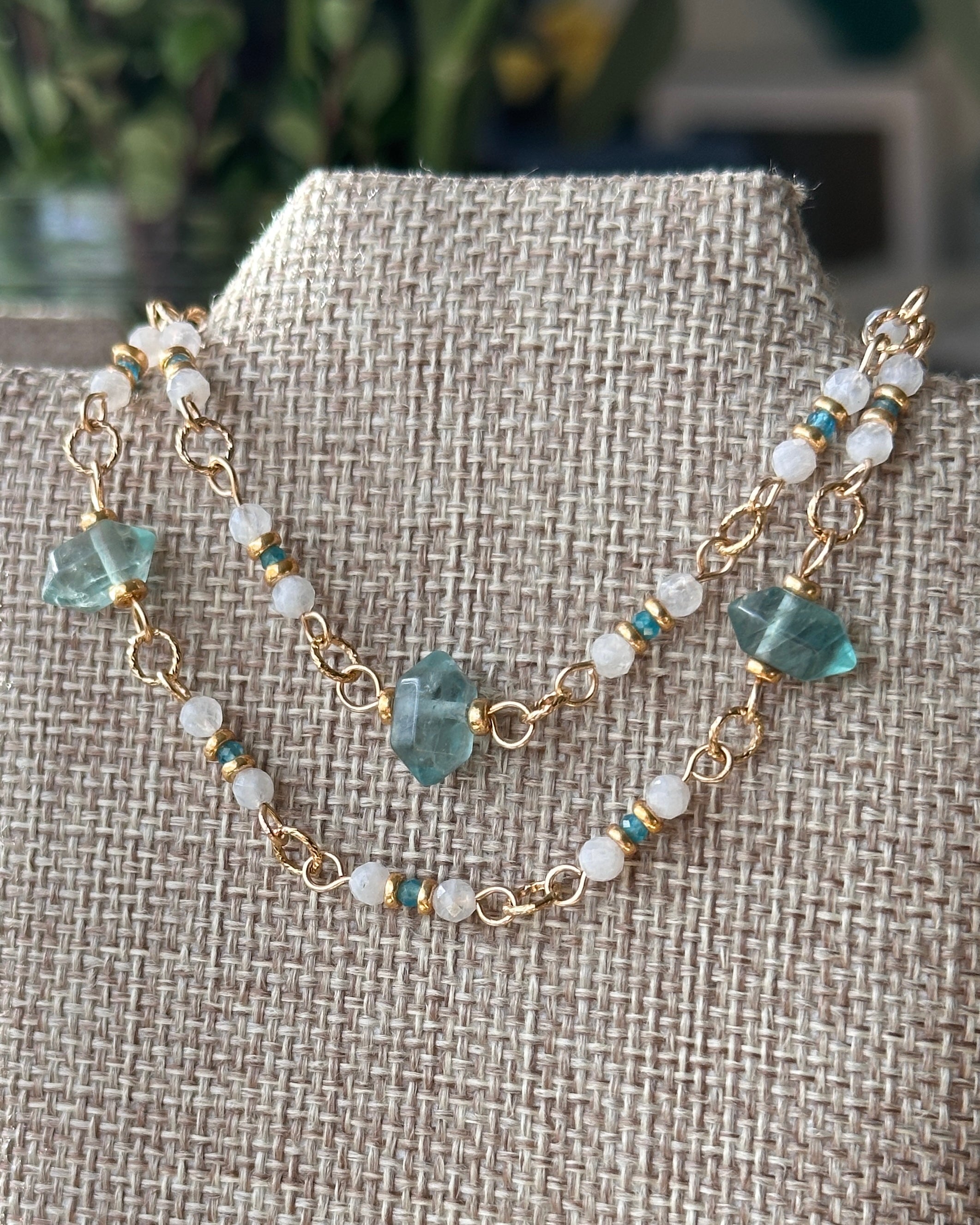 Lunar Prism | Linked Gemstone Necklace | Green Fluorite, Moonstone & Apatite | 14k Gold-Filled