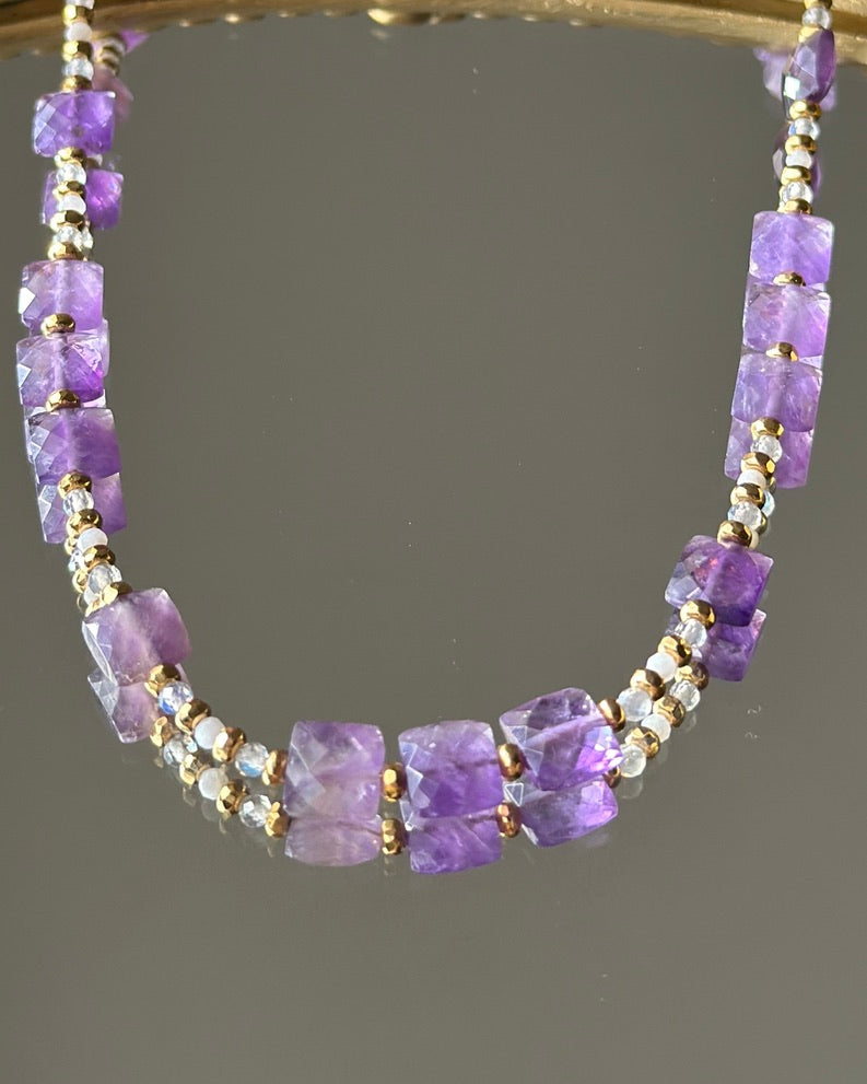 Twilight Trinity | Beaded Gemstone Toggle Necklace | Amethyst, Moonstone & Labradorite | 14k Gold-Filled