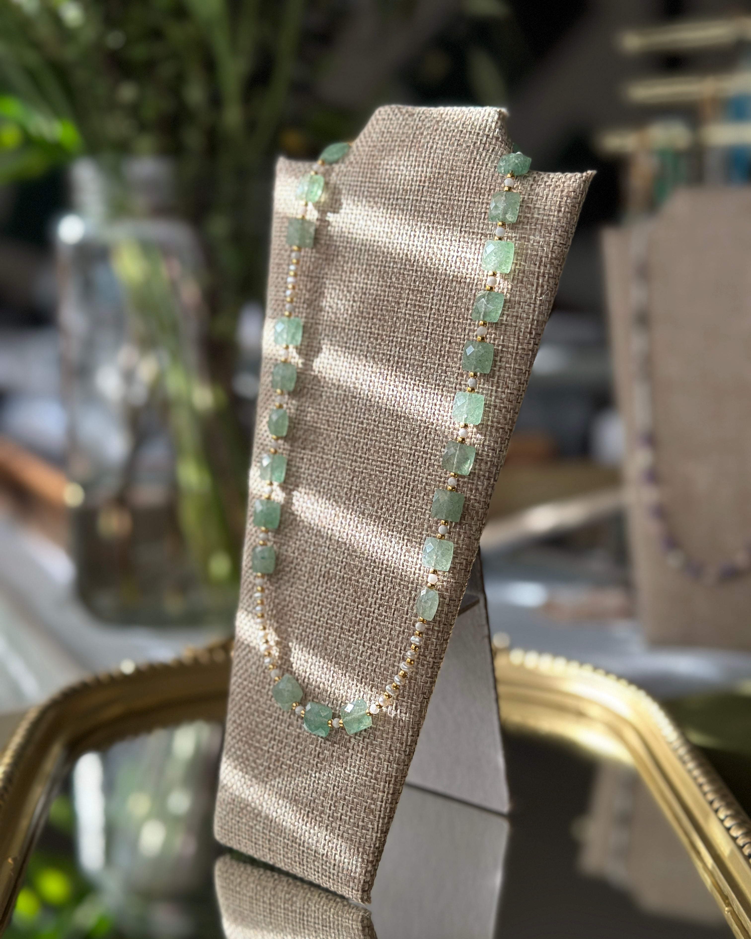 Salt Moon | Beaded Gemstone Toggle Necklace | Green Strawberry Quartz, Freshwater Pearl & Rainbow Moonstone | 14k Gold-Filled