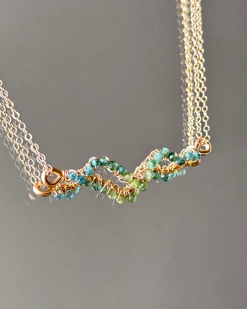 Evergreen Flow | Wire Wrapped Pendant Dainty Chain Necklace | Green Tourmaline | 14k Gold-Filled